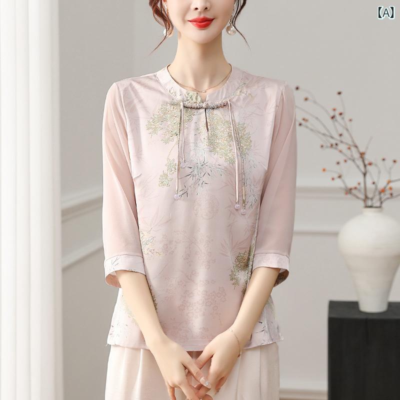 レディース トップス 上品 おしゃれ ファッション チャイナ風 夏 服 服 洋風 七分袖 シフォンブラウス 新