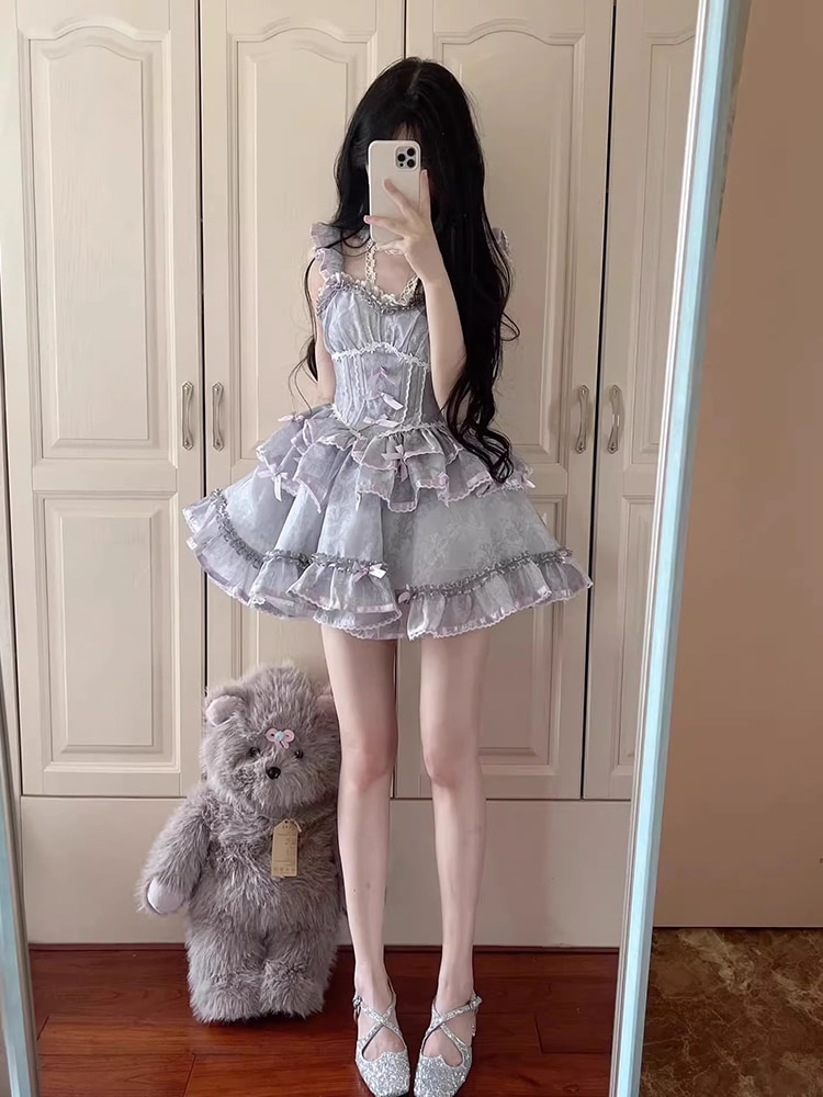 【激安本日限定】ロリータ ワンピースグレーパープルロリータバレエドレスjskドレスフラワーウェディングロリータ超ふわふわプリンセスロースカート 8,297円