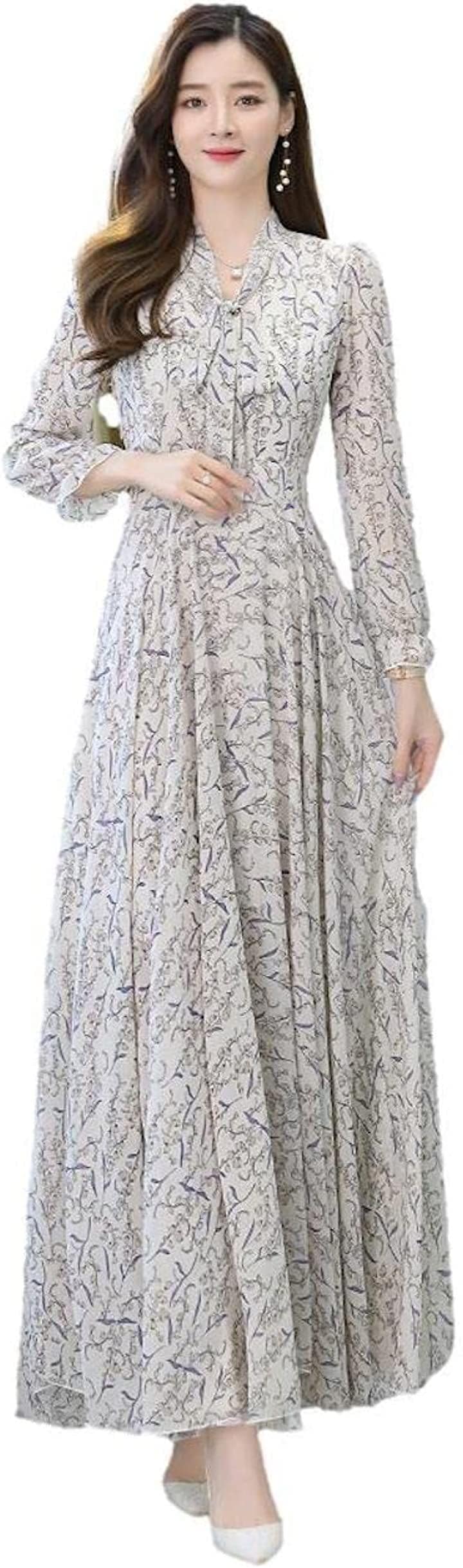 ロングシフォンワンピース レディース 小花柄 長袖 パフスリーブ ボウタイリボン ハイウエスト Ａライン フレア 上品 体形カバー スタイリッシュ 細見え JS08(ホワイト, M)
