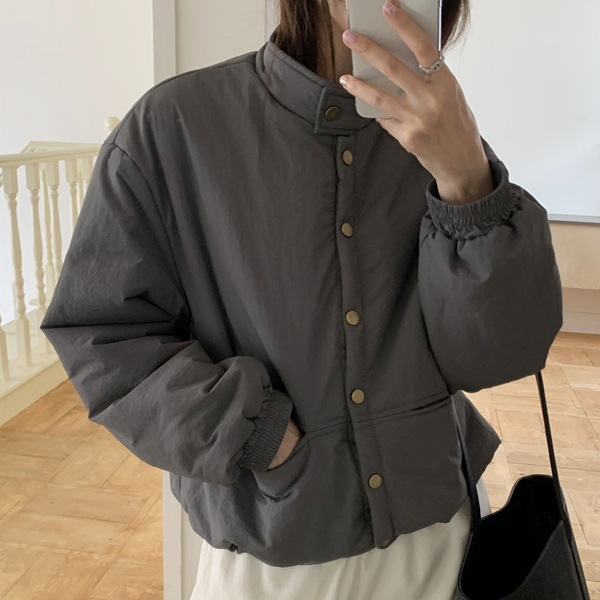 韓国ファッション ルーズフィット ハイネック ボタン ウェロン クロップ ショート ダウン