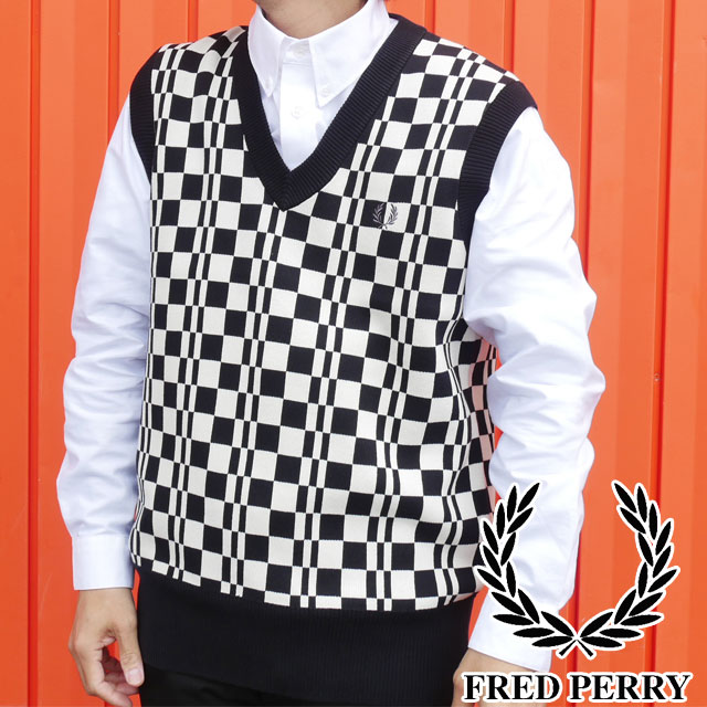 フレッドペリー ベスト メンズ K4530 チェッカーボード ニット タンク 袖なし チェック トップス 上着 月桂樹 ローレルリース アパレル 服 綿100％ ギフト プレゼント 黒 生成り