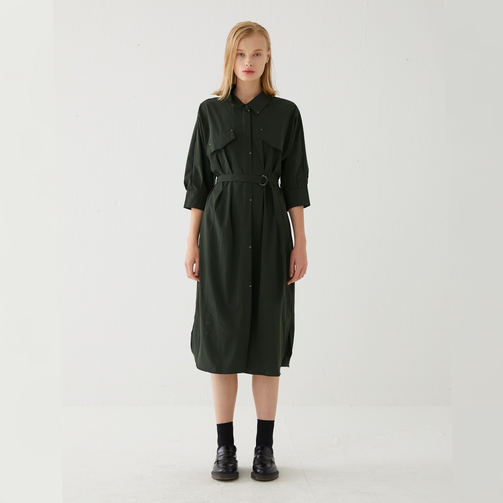 Pintucked Silky 3/4 Sleeves Shirt-dress (Green)