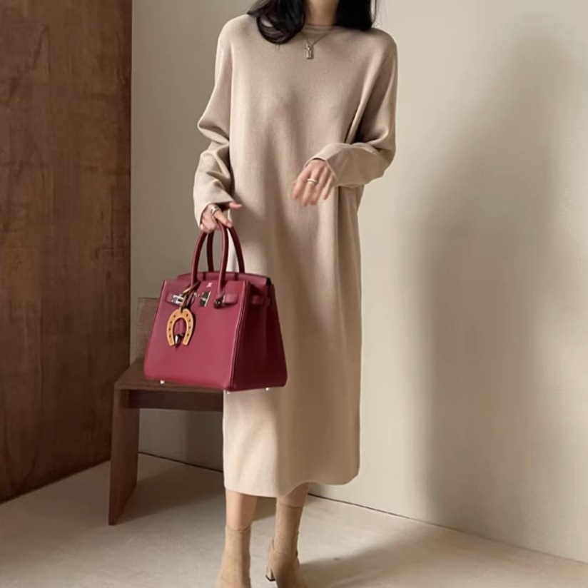 ワンピースドレス ロングワンピース レディース ワンピース ニットワンピ ミモレ ロング 長袖 ボートネック ストレート 伸縮性 ニット きれいめ シンプル 上品 おしゃれ レトロ こなれ感 ラフ