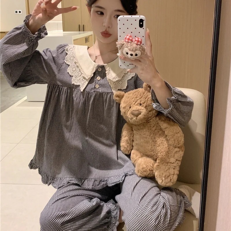 韓国の5年初春甘くて爽やかなチェック柄ドールカラー長袖パジャマレディースナイトガウンホームウェアセット