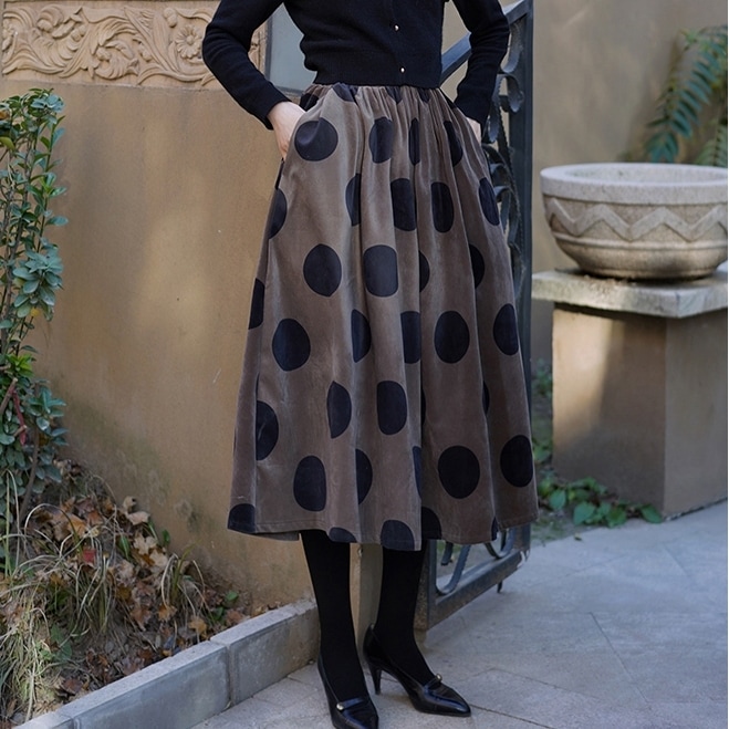 レディース スカート ボトムス フレア 膝下 ミモレ フェミニン バイカラー かわいい 大人可愛い きれいめ シンプル カジュアル 上品 おしゃれ ガーリー ラブリー キュート ナチュラル ドット柄