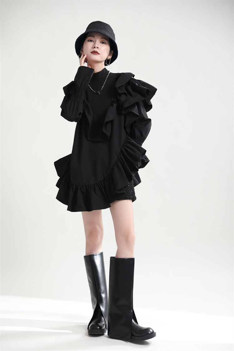 TK0002 フリルブラウス アシンメトリー フレンチフリル チュニック ハイネック ショートスカート エレガント 5,490円