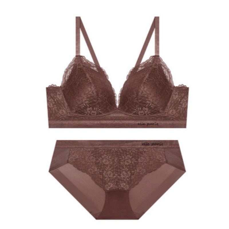 ソフトフィット ノーワイヤ レース ブラ パンツ セット - ブラウン 75C 90