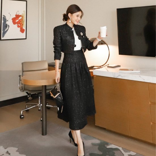 【取寄：納期2週間】セットアップ レディース ツイードジャケット アウター ツイードスカート エレガント 上品 お呼ばれ ショート丈ジャケット ハイウエストスカート 秋冬 秋冬新作