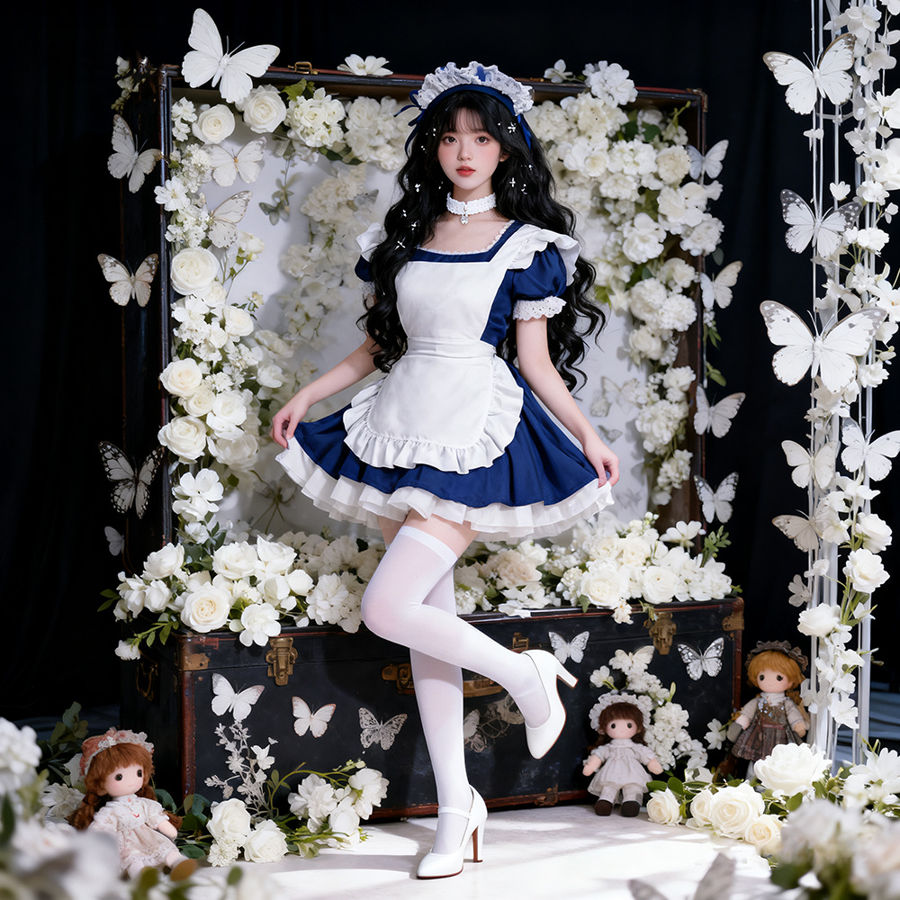 天使メイドリメイク紺色ワンピースキュートロリータコスプレ和風衣装セット