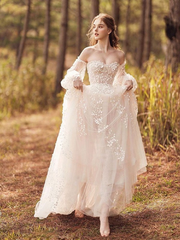 ウェディングドレス レディース 二次会 花嫁ドレス 結婚式 パーティードレス マーメイドライン レトロ オフショルダー Vネックサテン　ライドウェディング(M-0048)