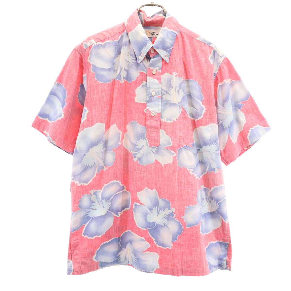 80s 金タグ ヴィンテージ リバースプリント ハイビスカス柄 半袖 ボタンダウン アロハシャツ レッド系 プルオーバー メンズ 古着