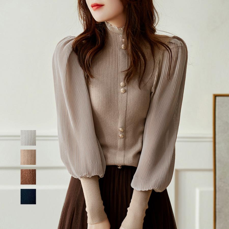 【本日限定】気質 韓国ファッション 長袖シャツ バルーン袖 リブニットトップス 韓国風 4,922円