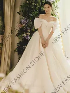 ワンショルダーウェディングドレス2024新型高級感フレンチ逃走中のプリンセスウェディングドレス-83