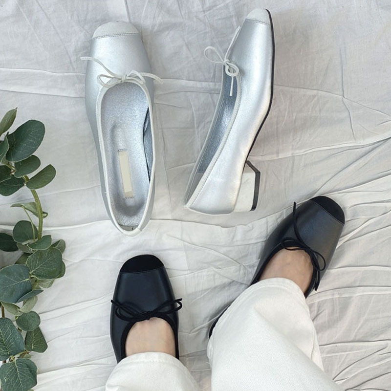 2color シンプル, ベーシックな雰囲気の 異素材ミックス．コンビ素材 2.5cmヒール．ローヒール バレエパンプス 5,057円