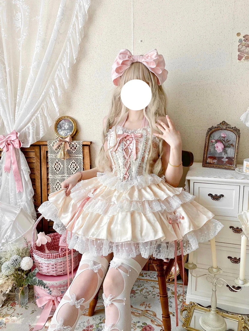 ロリータ コスプレ バレエ風ロリータヘリンボーンレースハンギングネックコルセットハーフスカート2点セット
