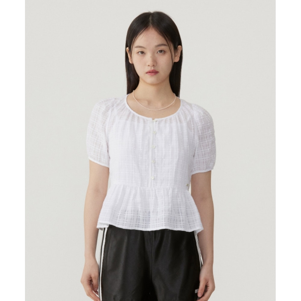 COVERNAT WOMAN シャーリングフレアハーフブラウス ホワイト