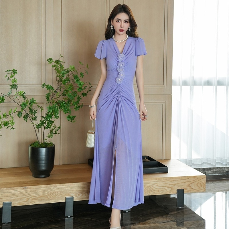 【JY.上品】 2025夏新品 ロングワンピース vネック セクシー フランス風 ドレス パーティー キャバ 大人 同窓会 披露宴 卒業式 結婚式 演奏会 ウェディング 二次会 メガ割 5,051円