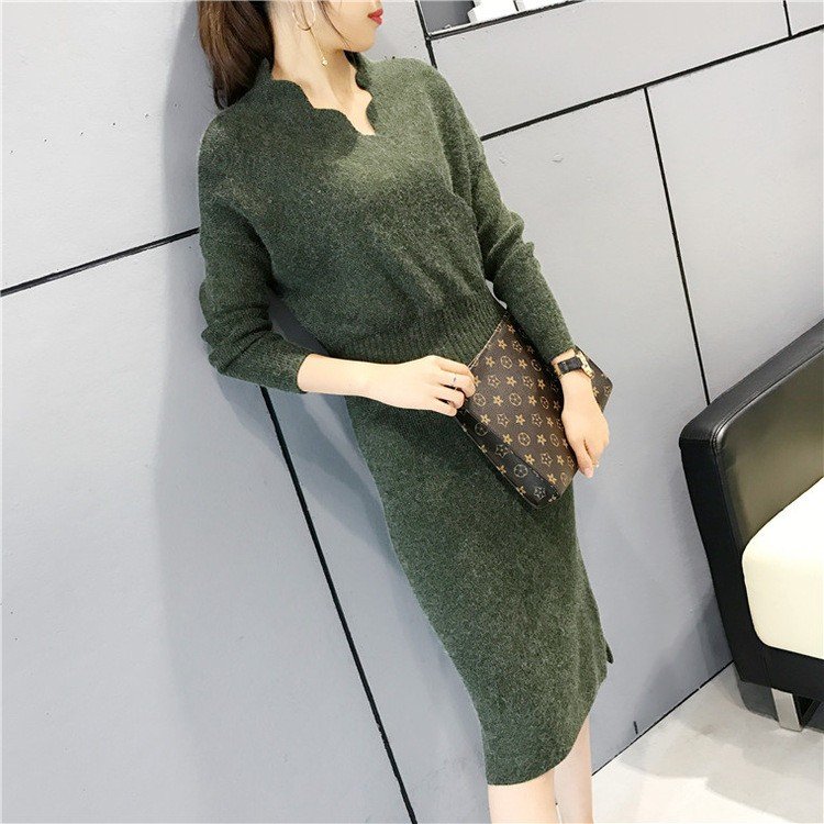 ワンピース レディース 膝丈ワンピース 秋服 V襟 ニットワンピース ミディアム丈 きれいめ 上品腰