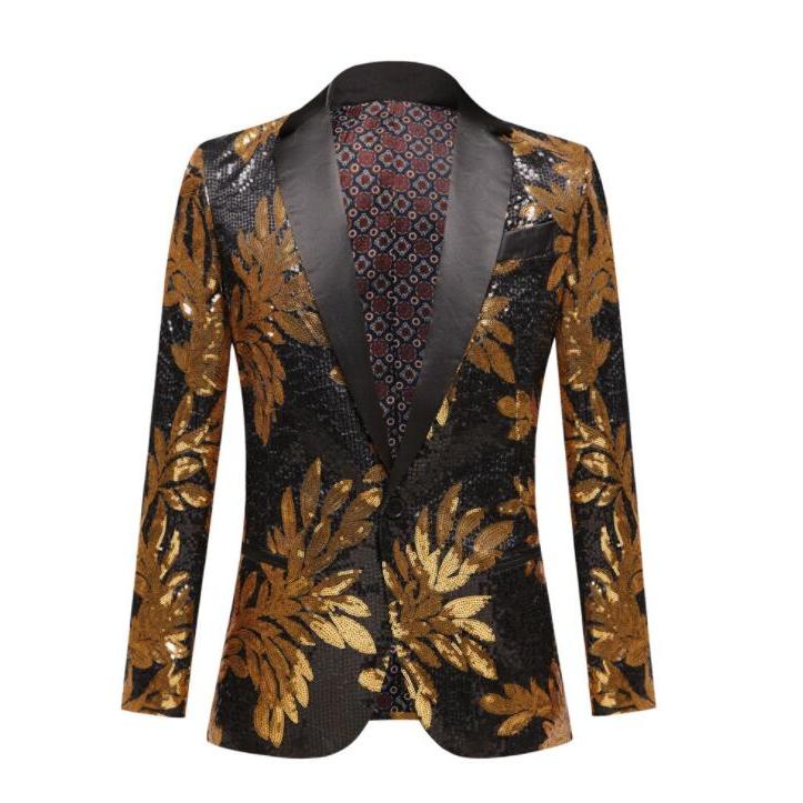 スパンコール ジャケット スーツ メンズ 長袖 一つボタン 花柄 総柄 スパンコール 花 刺繍 スーツ ジャケット 金色な花柄 きらきら 舞台 ステージ衣装 派手 スー30%までに制限
