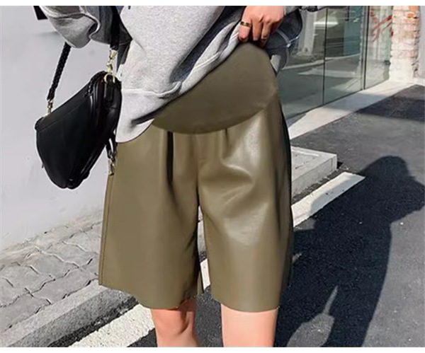 レディース パンツ ボトムス マタニティウェア ハーフパンツ ショートパンツ レザーパンツ 膝丈 5分丈 ワイド ハイウエスト かわいい 大人可愛い きれいめ シンプル カジュアル おしゃれ