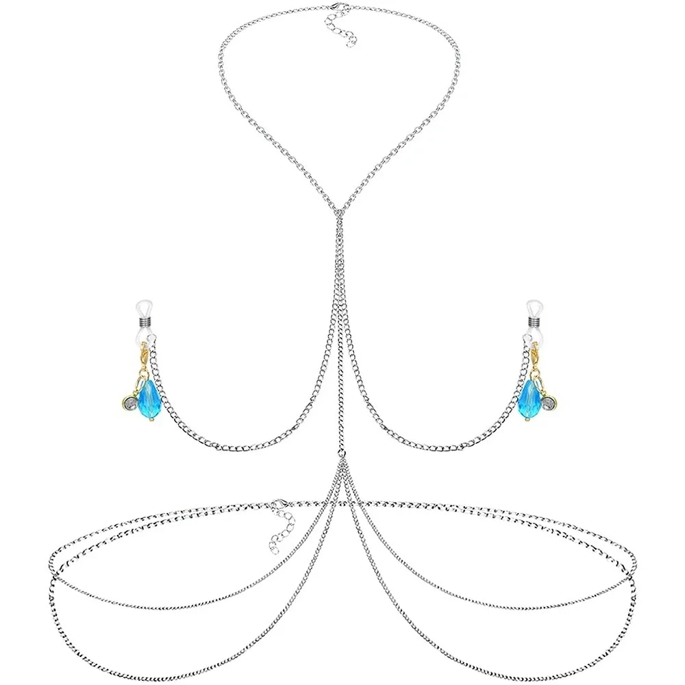 アクアマリンチャーム ニップルクリップ ボディーチェーン 乳首 首 腰 アクセサリー 鎖 ノンホール 大人 セクシー プレゼント ウエスト ネックレス ジュエリー 衣装 np350xxxxxxxx