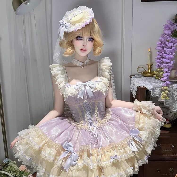 ブルーグリーンパープルピンク胸キュンドールバレエ風オリジナルケーキスカートLolita