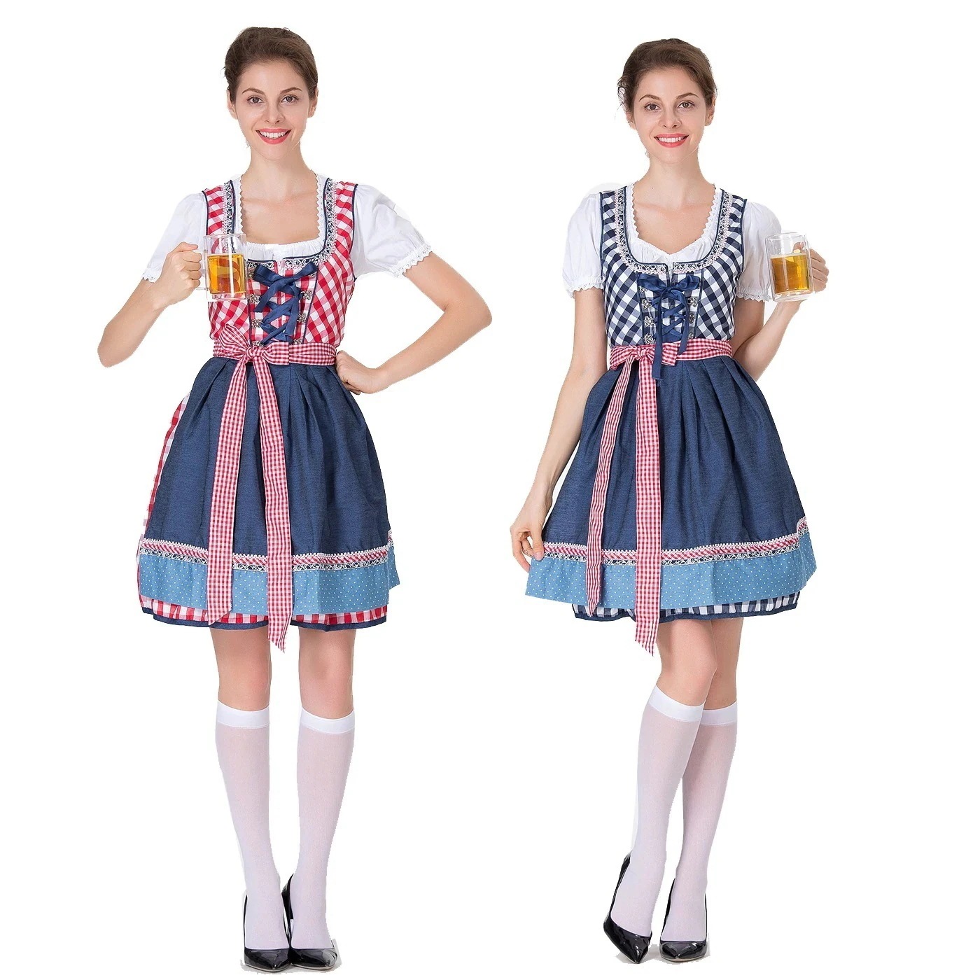 ドイツのオクトーバーフェストバイエルンの伝統的なビア チェック柄刺繍入りメイド服 メイド衣装 販売準備中
