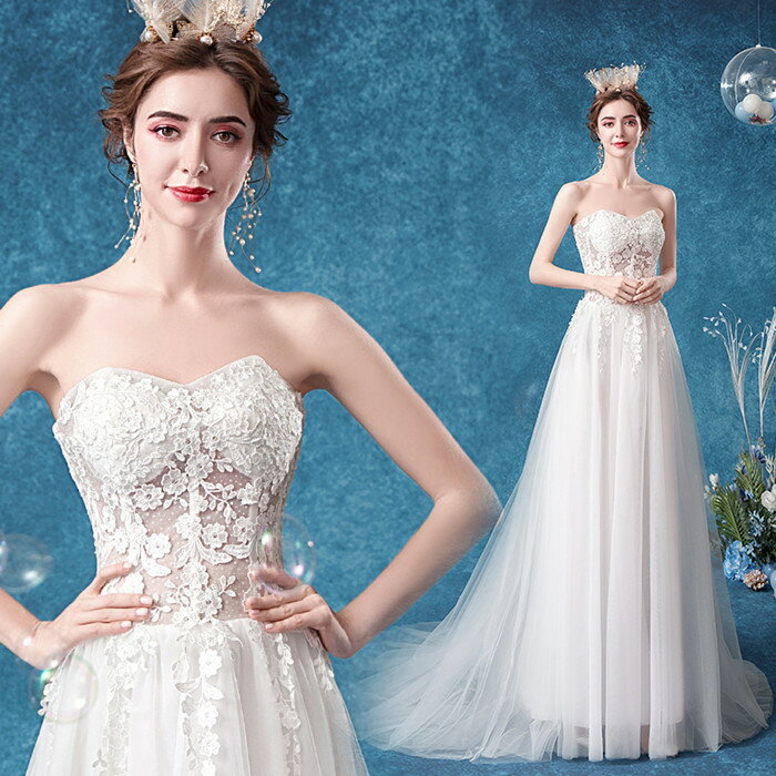 ウエディングドレス着後ﾚﾋﾞｭｰ特典ハートカットビスチェ ウェディングドレス aラインドレス 豪華なお花モチーフ 白 透明感たっぷりのチュールを幾重にも重ねた軽いスカート 二次会 ワンピース 海外挙式 10,476円