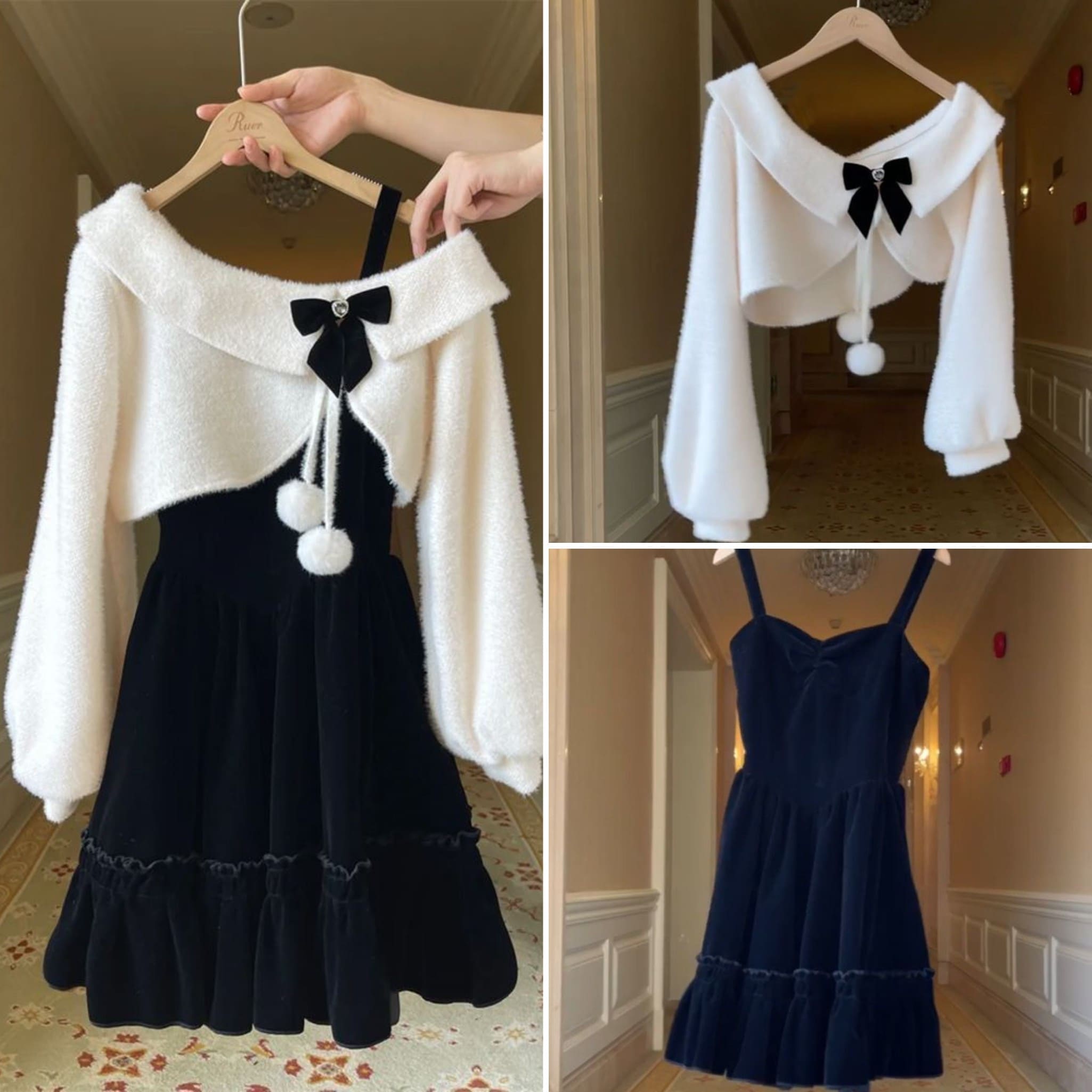 秋冬 新作 ケープコートトップス+ベルベットキャミソールワンピース 2つのセット