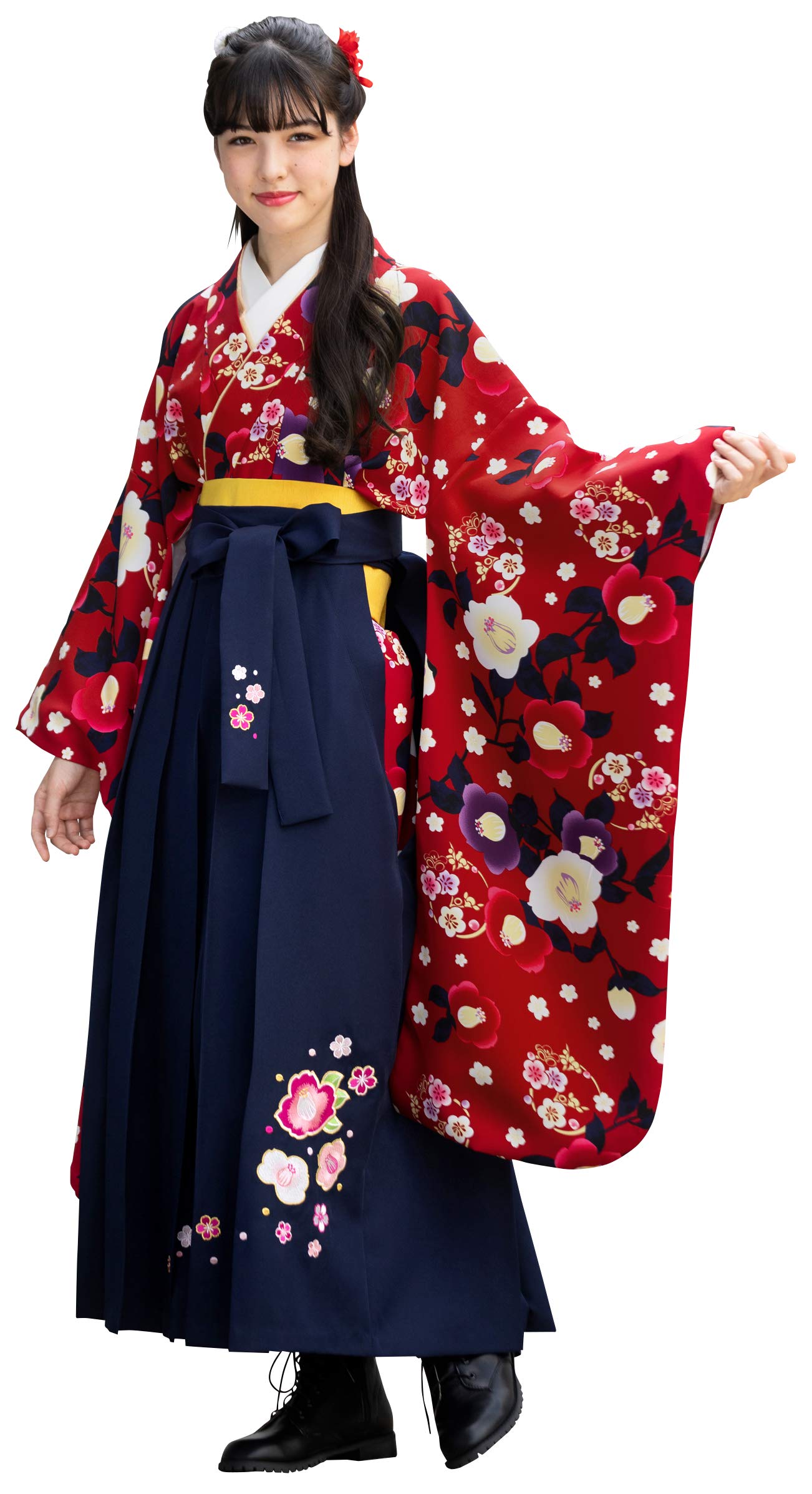 [アリサナ] 卒業式 袴 セット 椿柄 小学校 小学生 女の子 和服 卒業 (着物+半襟付き襦袢+袴+帯枕付き帯+腰紐の5点) 赤着物×紺袴 150cm