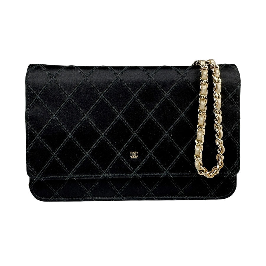 シャネル CHANEL チェーンウォレット サテン/レザー ブラック×ゴールド レディース z5776
