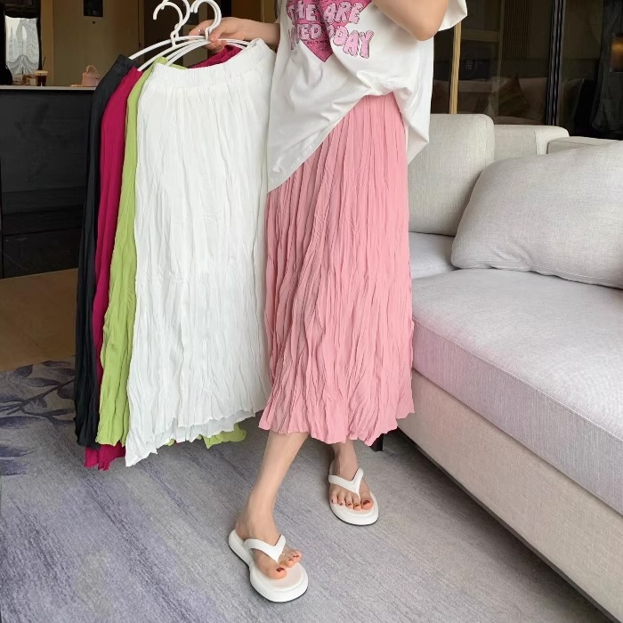 スカート レディース クリンクルプリーツ S M L XL 韓国 ウエストゴム ミモレ丈 ひざ下 Aライン かわいい 大人可愛い きれいめ シンプル 大人 上品 おしゃれ お洒落 ラブリー キュート