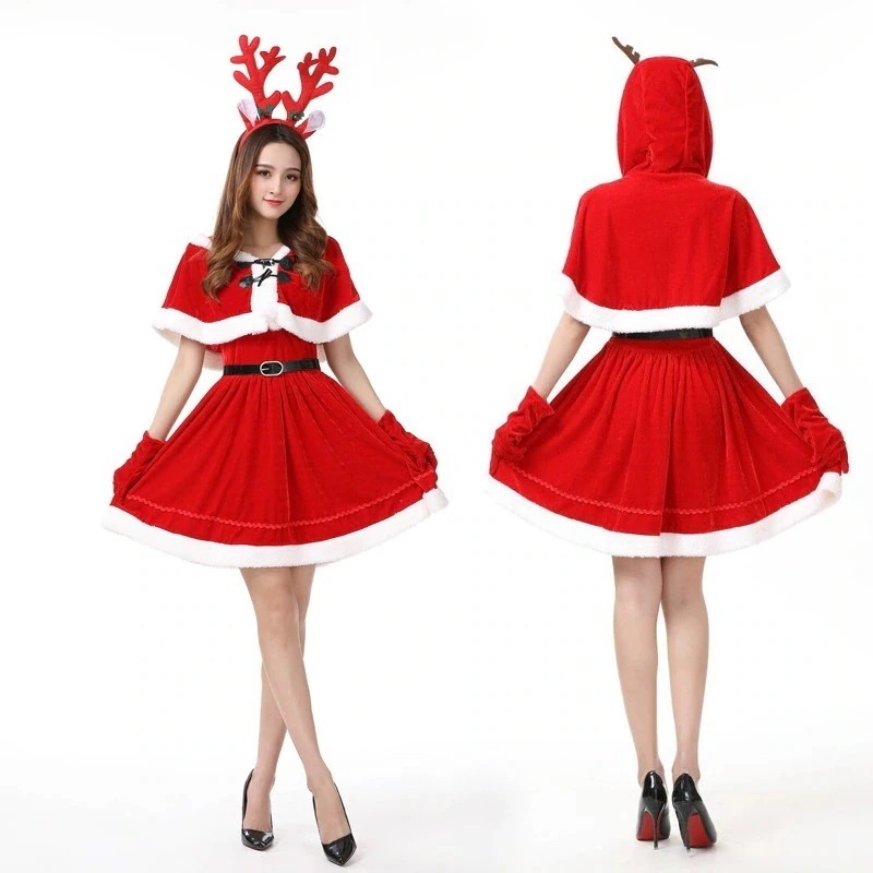 ハロウィンクリスマスパーティー映画テレビ気質女性レッドサンタクロースヘラジカ匹コスプレショー服ファッションファスナー個性かわいい仮装舞踏会お衣装を演じるワンピース5点セット 涼しく楽ちんセットアップ