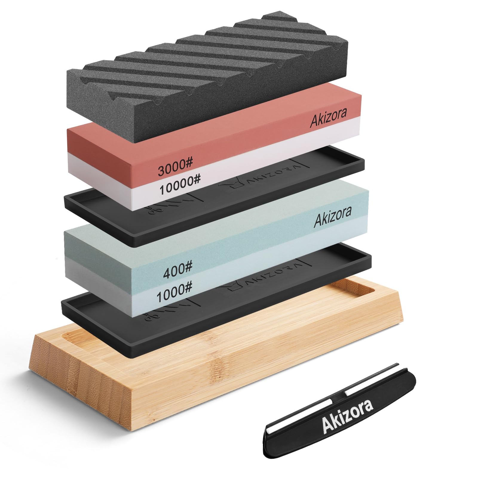 【全国送料無料】 Akizora 砥石 包丁研ぎ石 400 1000 3000 10000 両面砥石セット 面直し付き 角度固定ホルダー付き 強力滑り止めゴム付き 竹製滑り止め台付き 家庭用中砥石 包