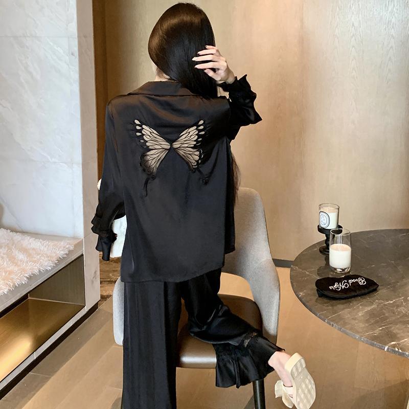 春と秋の女性用作パジャマ長袖ズボン甘いアイスシルク蝶は家の外でも着用できますツーピーススーツ