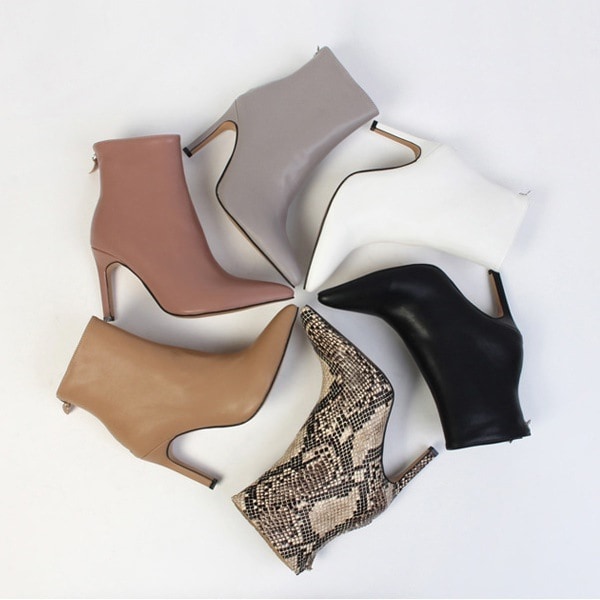ショートブーツ ポインテッドトゥ バックジップ ハイヒール ヘビ柄 パイソン柄 レディースシューズ 靴 婦人靴 ブラック グレー ホワイト ピンク ベージュ 黒 白