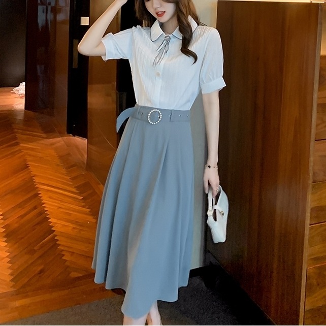 セットアップ ツーピース ブラウス フレアスカート 2点セット 丸襟 リボンタイ 半袖 パフスリーブ ハイウエスト ウエストマーク タック ベルト付き 膝下丈 ミディアム丈 Aライン レトロ