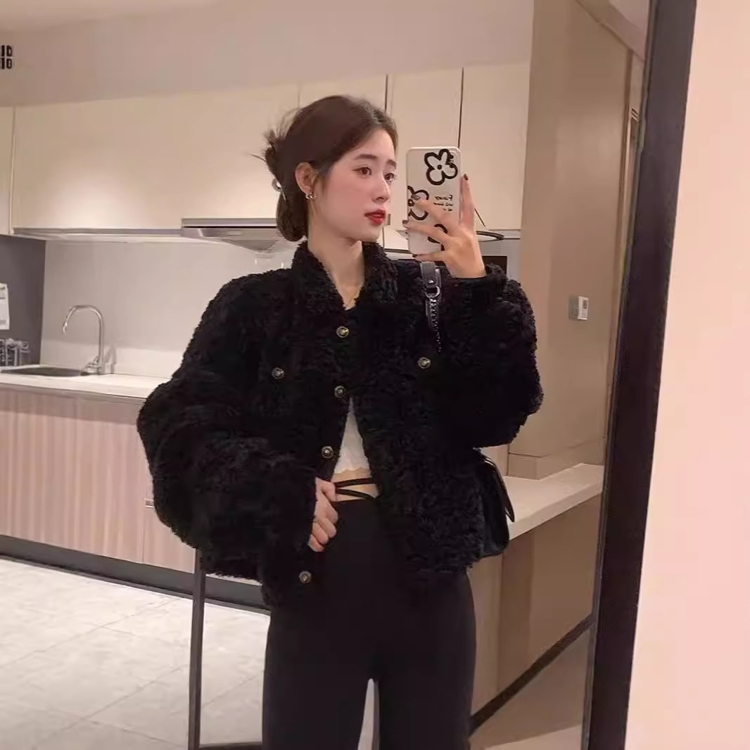 2024冬新作ラムファーワンピースジャケットハイエンドショートスタイルジャケットレディーストップス