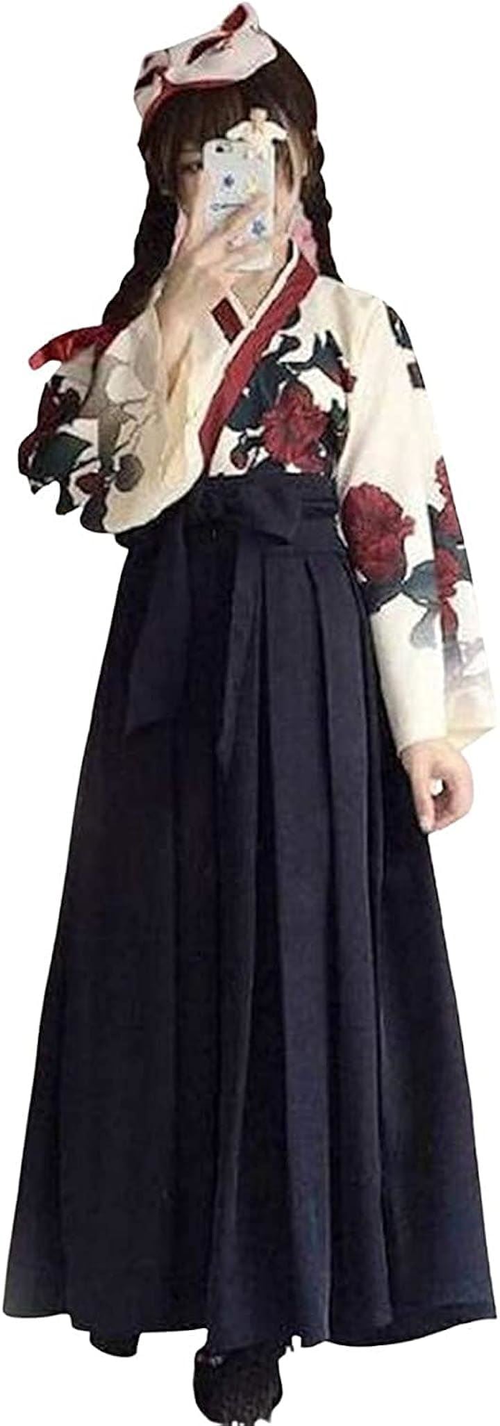 レディレイジー 大正ロマン 袴 和服 着物 和装 コスプレ 衣装 ロング 女装 仮装 レディース 浴衣 薔薇 バラ柄 黒(ブラック, L)