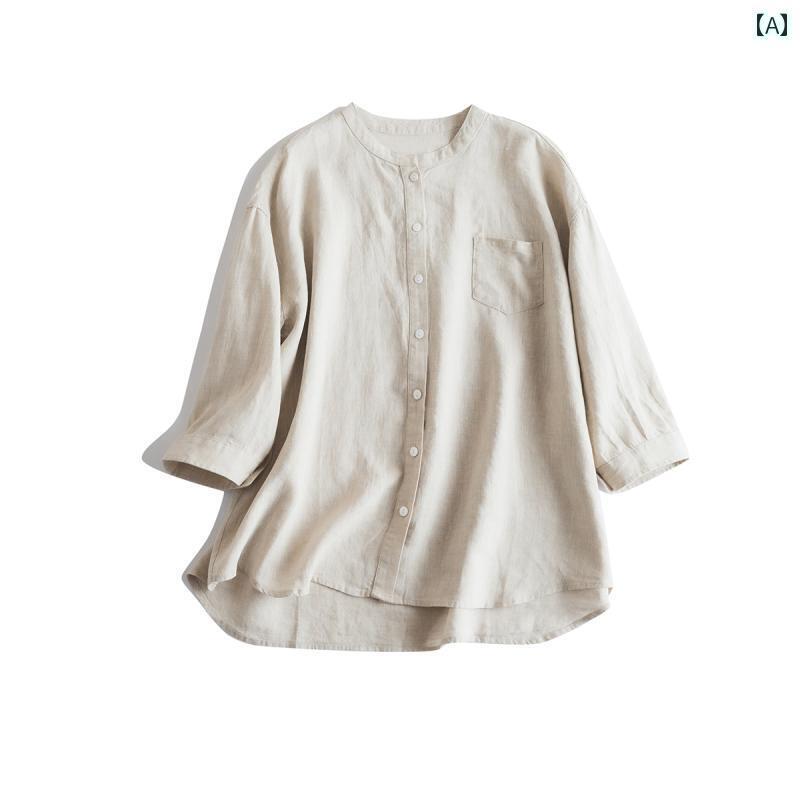 レディース　　シャツ　トップス フランス 14 カウント リネン 文学 スタイル 通勤 スタンドカラー 大きいサイズ 七分袖 白 シャツ 女性用 4,863円