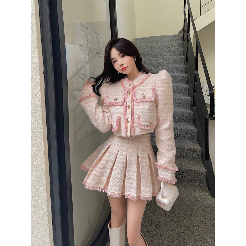 2023 秋 ツイーディ スタイル パフ スリーブ ジャケット スリム プリーツ スカート スモール スーツ レディース 冬