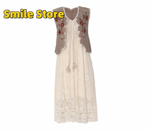 夏 きれいめ 白ワンピース 花柄 レース vネック ロング丈 レディース ニット キャミソールワンピース リゾートワンピース エスニック ベスト