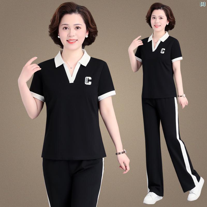 母 夏 スポーツ スーツ 日 服 レディース ファッション 半袖 Tシャツ 2枚 セット