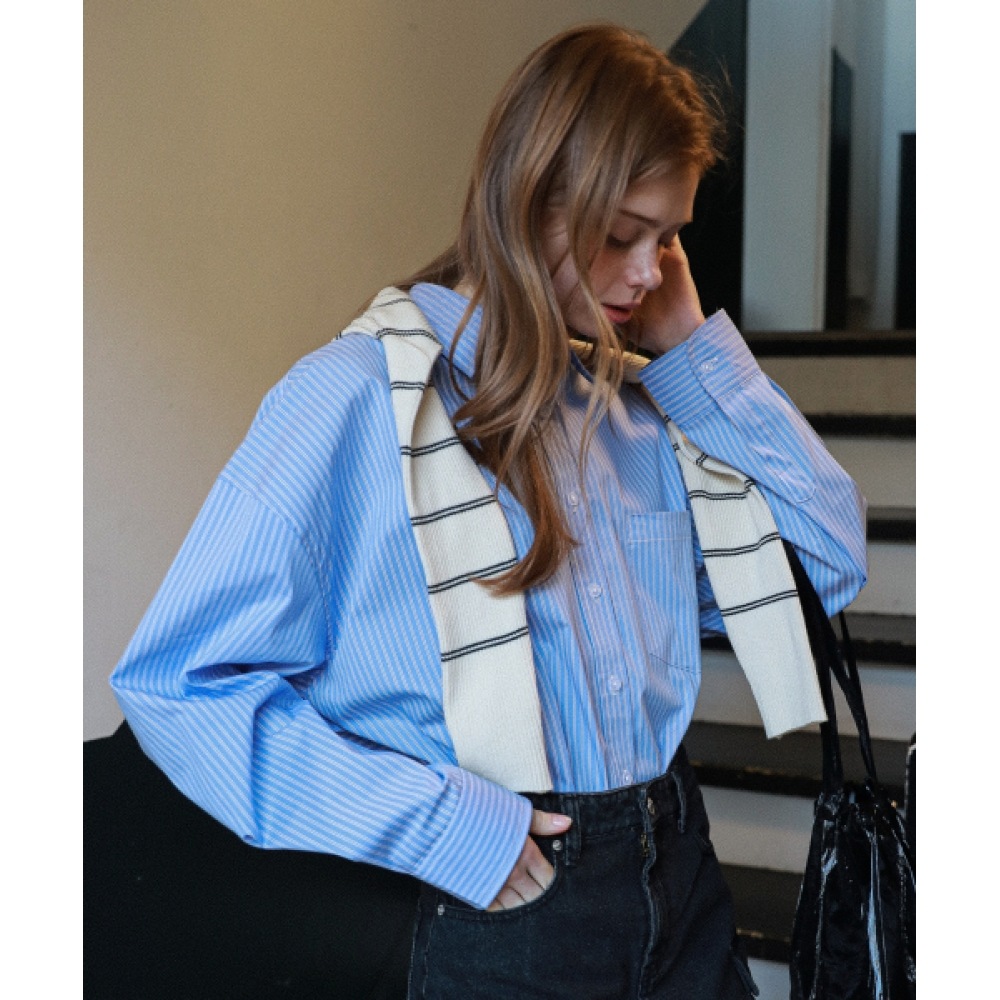 LOSSYROW オーバーサイズエデンストライプシャツブルー