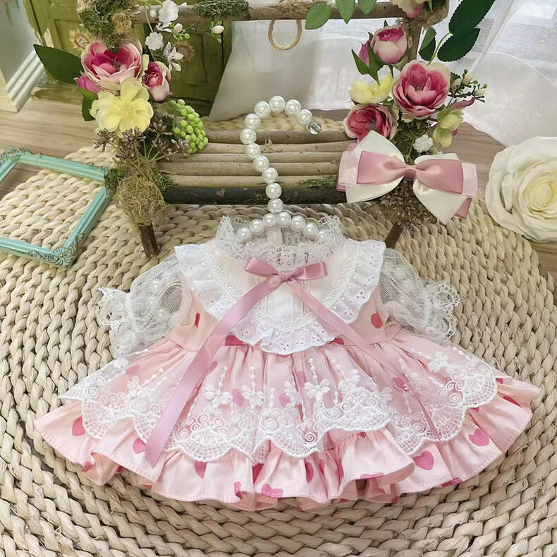 【10cm/15cm/20cm/40cm】着せ替えぬいぐるみ服 着せ替え人形 綿人形 ぬいぐるみ ぬい服 ぬいぐるみ服 人形服 桃色心柄レースリボン姫ワンピース 蝶結び髪飾り付き ロリィタ ロリータ