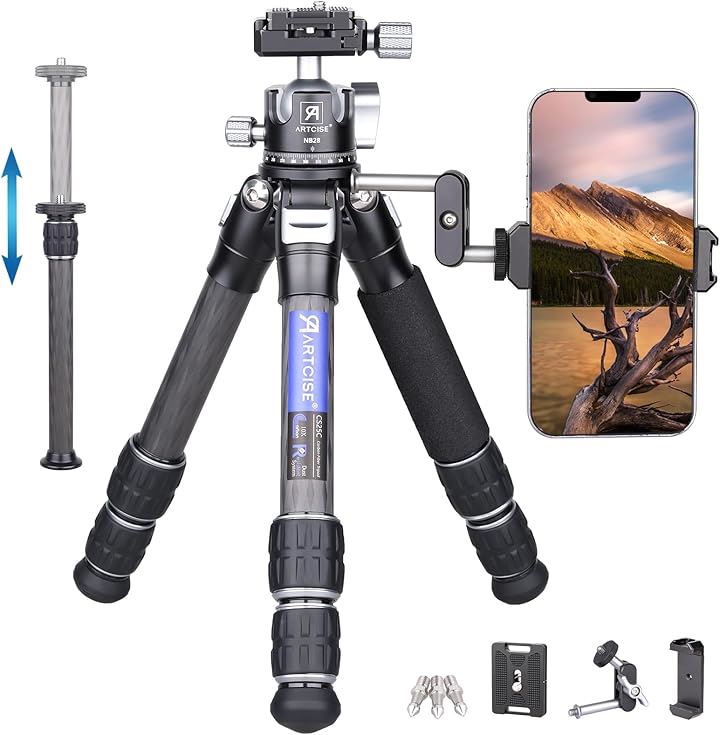 22.5mm 管経ミニカーボン 三脚＆28mmボール低重心雲台キット 外接式中心軸 マジックアーム スマホクリップ付き 軽量 カメラ 卓上 CNCアルカスイス三脚ヘッド 耐荷重10キロ