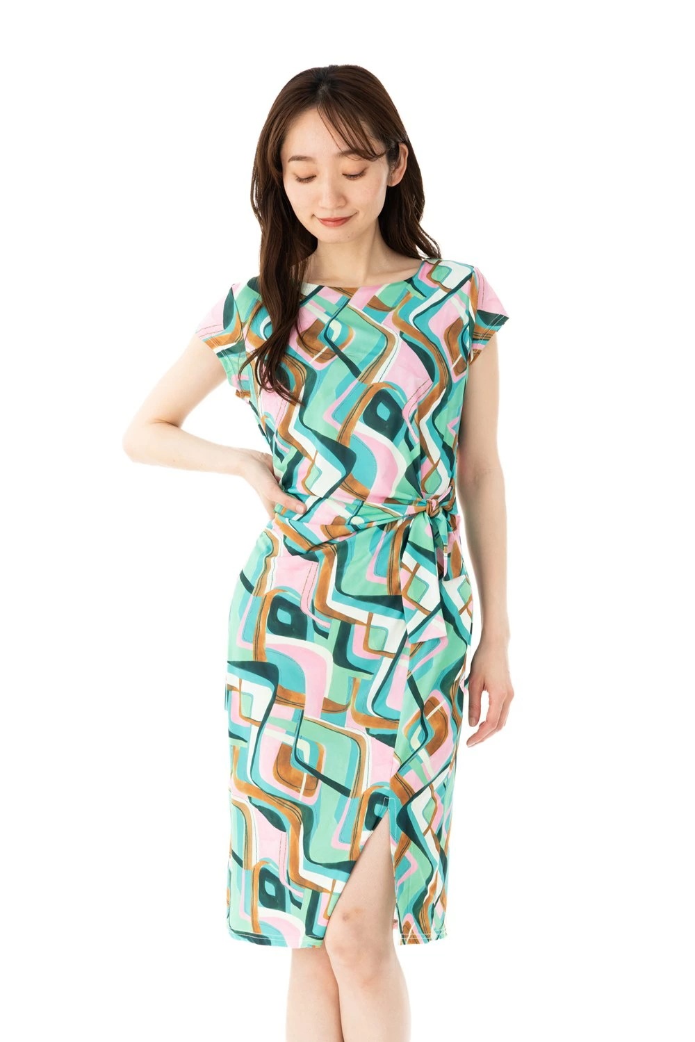 「フィフィーユ ワンピース」 FIFILLES T1 T2 T3サイズ 半袖 膝丈 ボートネック 幾何柄 ジャージー素材 レディース 大人 きれいめワンピース フランス製 グリーン