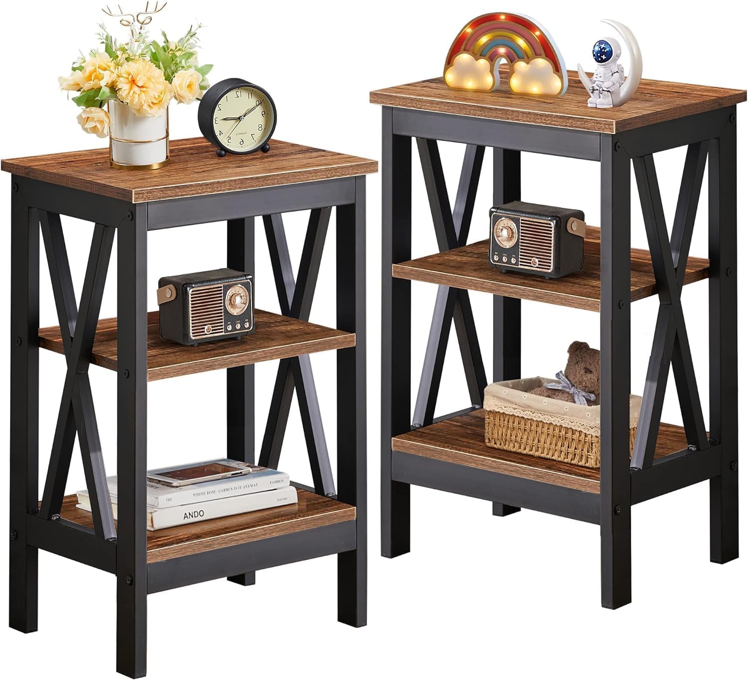 サイドテーブル 2点セット ナイトテーブル ベッドサイドテーブル ソファーテーブル 3段 ブラウン 幅40×奥行30×高さ60cm おしゃれ 木製収納棚付き 組立簡単 多機能