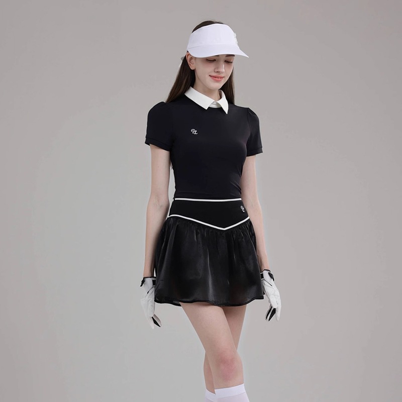 2025新作 ゴルフウェア スカート ブラック 半袖 夏 レディース ゴルフ スポーツ 透気/速乾