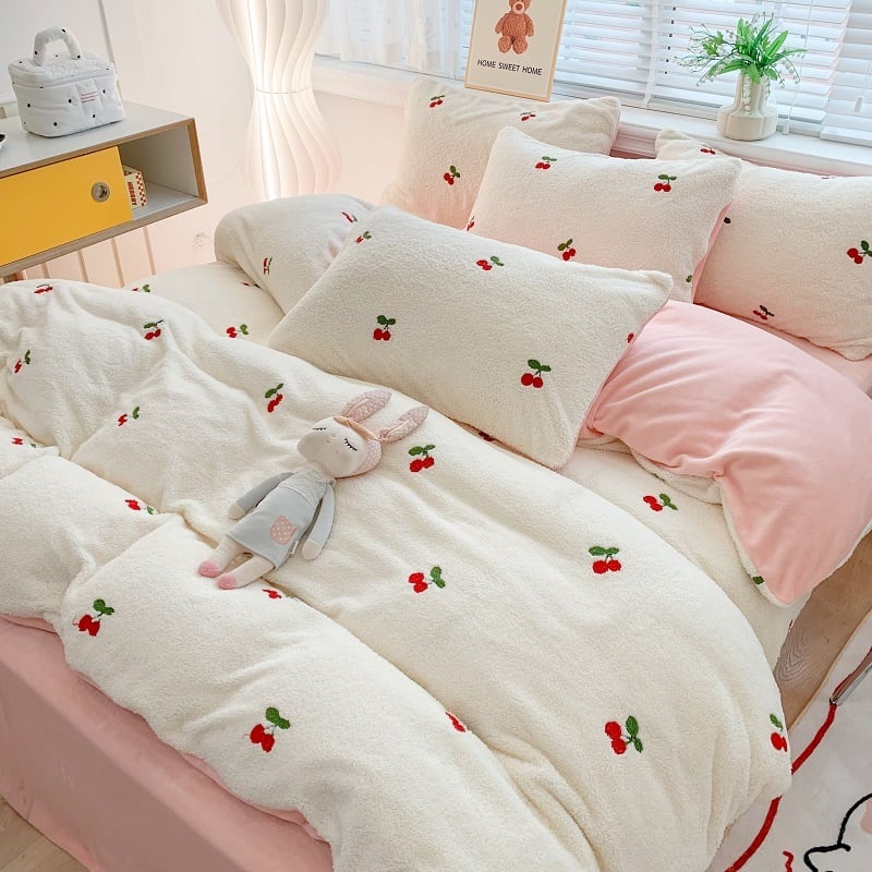 さくらんぼ柄 ボア素材 ベッドカバーセット 掛け布団カバー 寝具 ３点セット 韓国インテリア